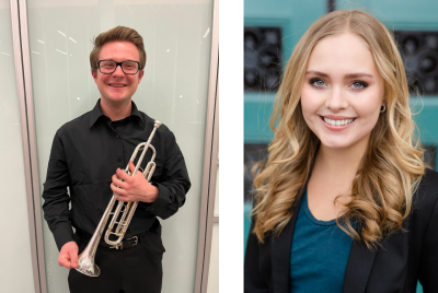 Haley Hansen with long blonde hair, smiling; Keenan Clemmitt, smiling and holding a trumpet
